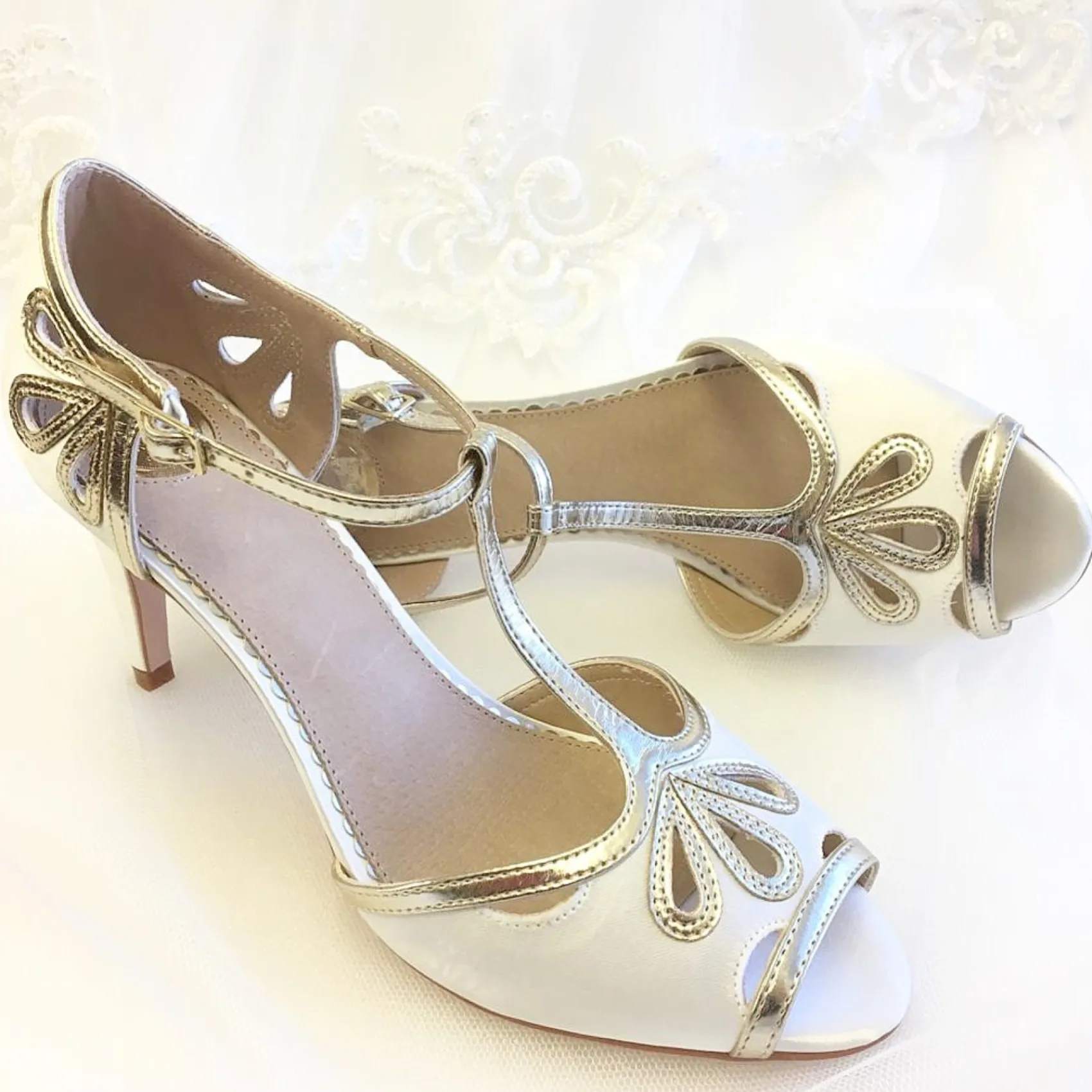 Perfect Bridal Wedding Guest Shoes | Wedding Shoes*Esme Dyeable Ivory Satin and Gold Shimmer T-Bar Shoes Ivory/ Gold