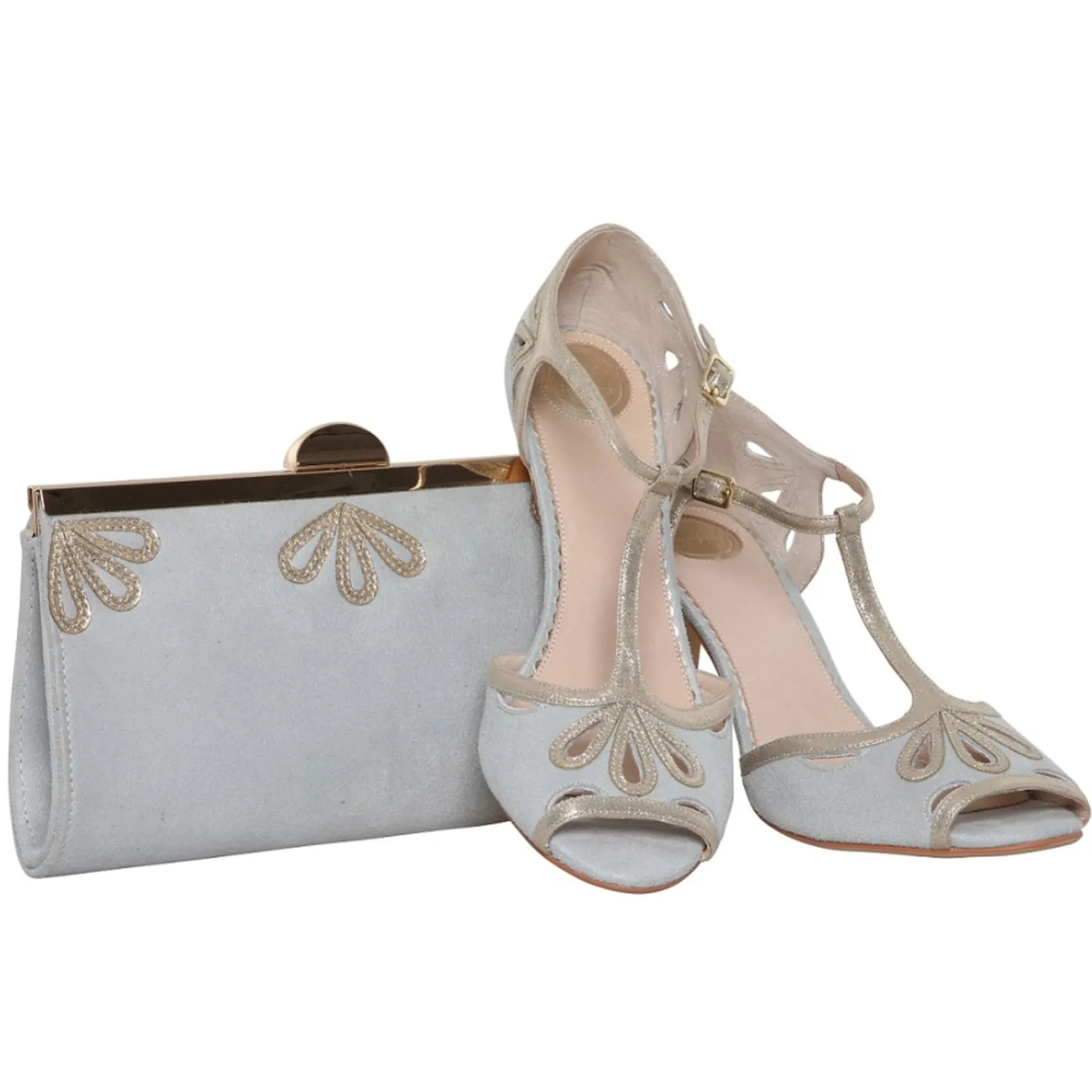 Perfect Bridal Wedding Guest Shoes | Mother Of The Bride Shoes*Esme Suede and Gold Shimmer T-Bar Shoes Pearl Grey