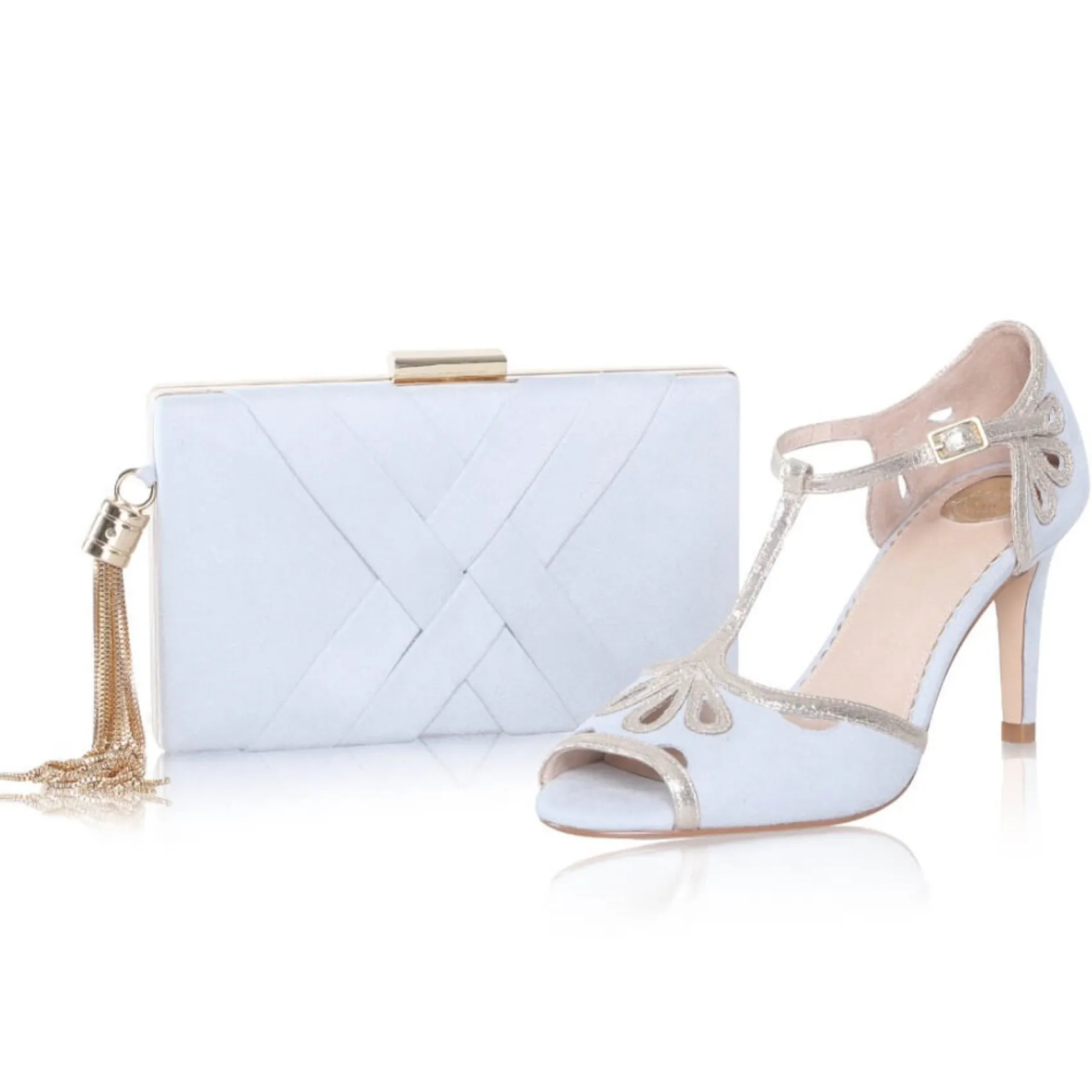 Perfect Bridal Wedding Guest Shoes | Mother Of The Bride Shoes*Esme Suede and Gold Shimmer T-Bar Shoes Pearl Grey