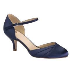 Perfect Bridal Mid Heel | Low Heel*Everly Midnight Satin Low Heel Ankle Strap Shoes Navy