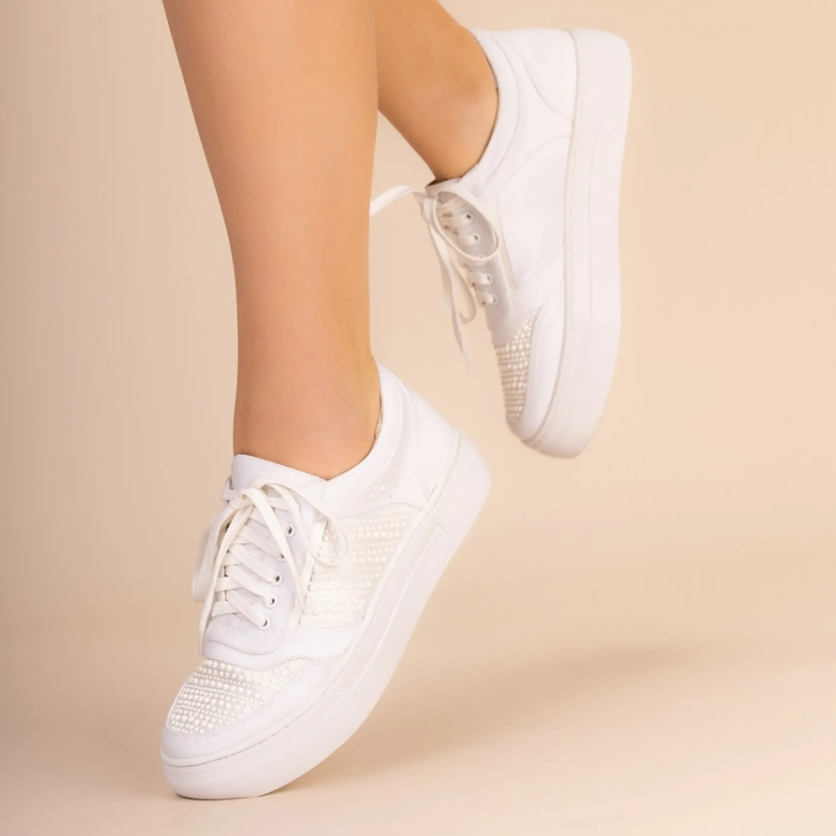 Perfect Bridal Wedding Shoes | Pearl Wedding Shoes*Ezra Pearl Embellished Platform Trainers Ivory
