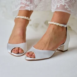 Perfect Bridal Wedding Shoes | Low Heel*Fiona Satin Block Heel Pearl Ankle Strap Sandals Ivory