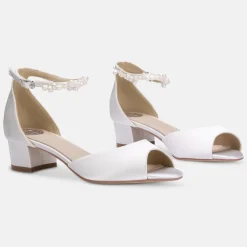 Perfect Bridal Wedding Shoes | Low Heel*Fiona Satin Block Heel Pearl Ankle Strap Sandals Ivory