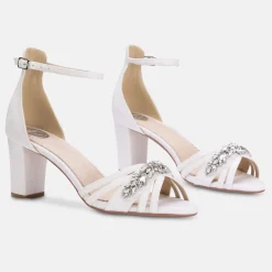 Perfect Bridal Sparkly Prom Shoes | White Prom Shoes*Frankie Suede Crystal Strappy Block Heel Sandals Ivory