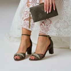 Perfect Bridal Party Shoes | Wedding Guest Shoes*Frankie Olive Suede Crystal Strappy Block Heel Sandals Olive Green