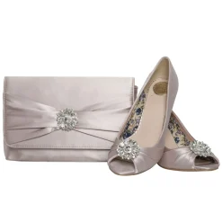 Perfect Bridal Wedding Guest Shoes | Mother Of The Bride Shoes*Gina Satin Peep Toe Shoes with Crystal Trim Taupe