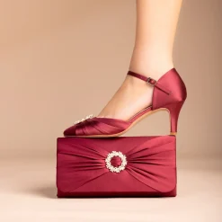 Perfect Bridal Occasion Handbags*Harlow Satin Pearl Brooch Clutch Bag Berry
