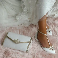 Perfect Bridal Wedding Shoes | Shoes For Dyeing*Harper Dyeable Ivory Satin and Gold T-Bar Flats Ivory/ Gold