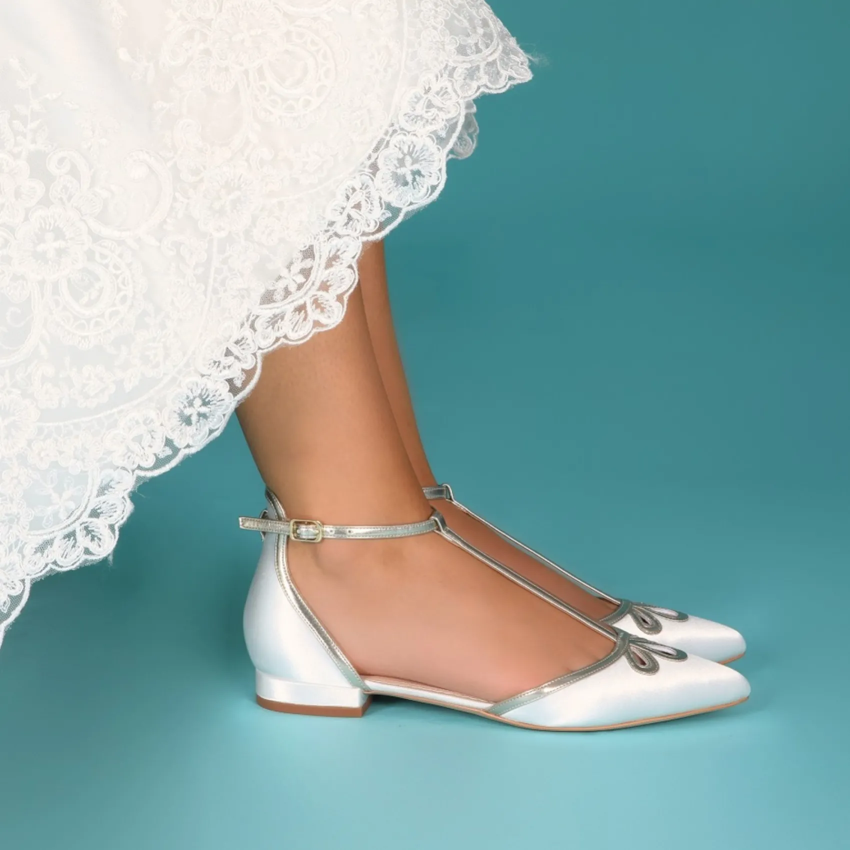 Perfect Bridal Wedding Shoes | Shoes For Dyeing*Harper Dyeable Ivory Satin and Gold T-Bar Flats Ivory/ Gold