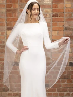 Perfect Bridal Single Tier Veils | Floor Length Veils*Single Tier Pencil Edge Scattered Pearl Veil Ivory