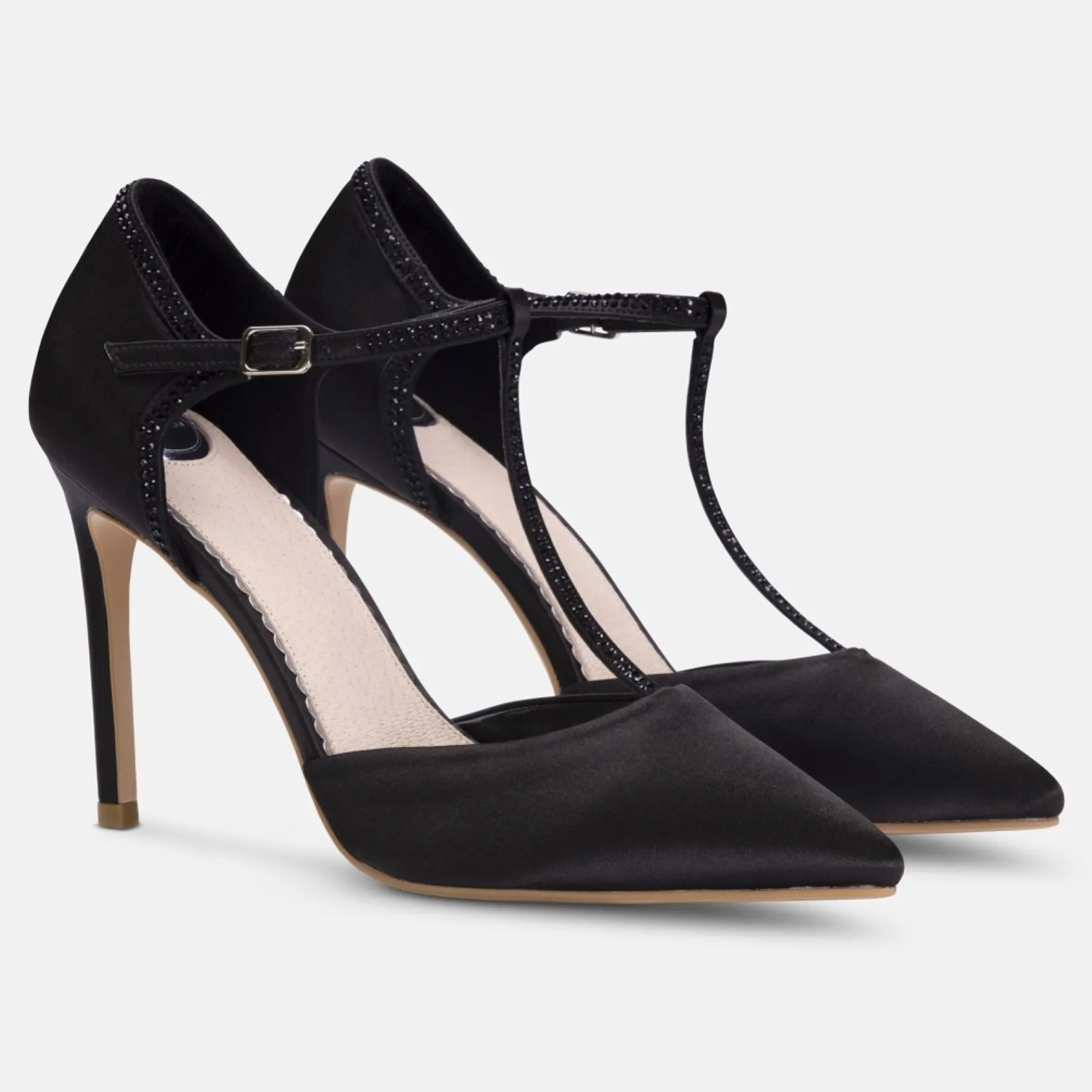 Perfect Bridal Party Shoes | Wedding Guest Shoes*Jessica Satin High Heel Diamante T-Bar Shoes Black