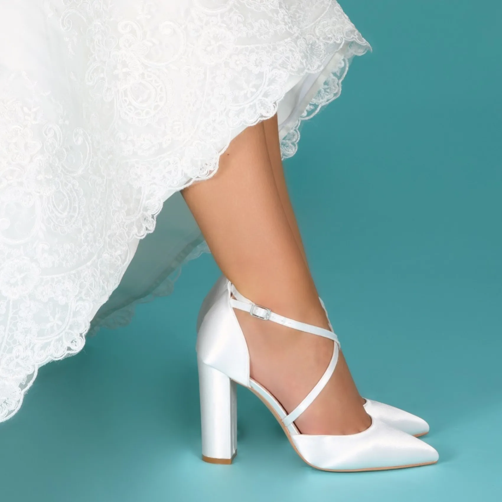 Perfect Bridal Wedding Shoes | High Heel*Kiera Dyeable Satin Cross Strap Block Heel Courts Ivory