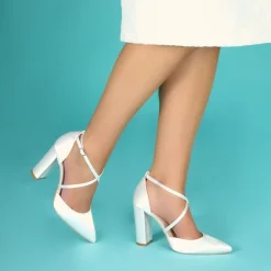 Perfect Bridal Wedding Shoes | High Heel*Kiera Dyeable Satin Cross Strap Block Heel Courts Ivory