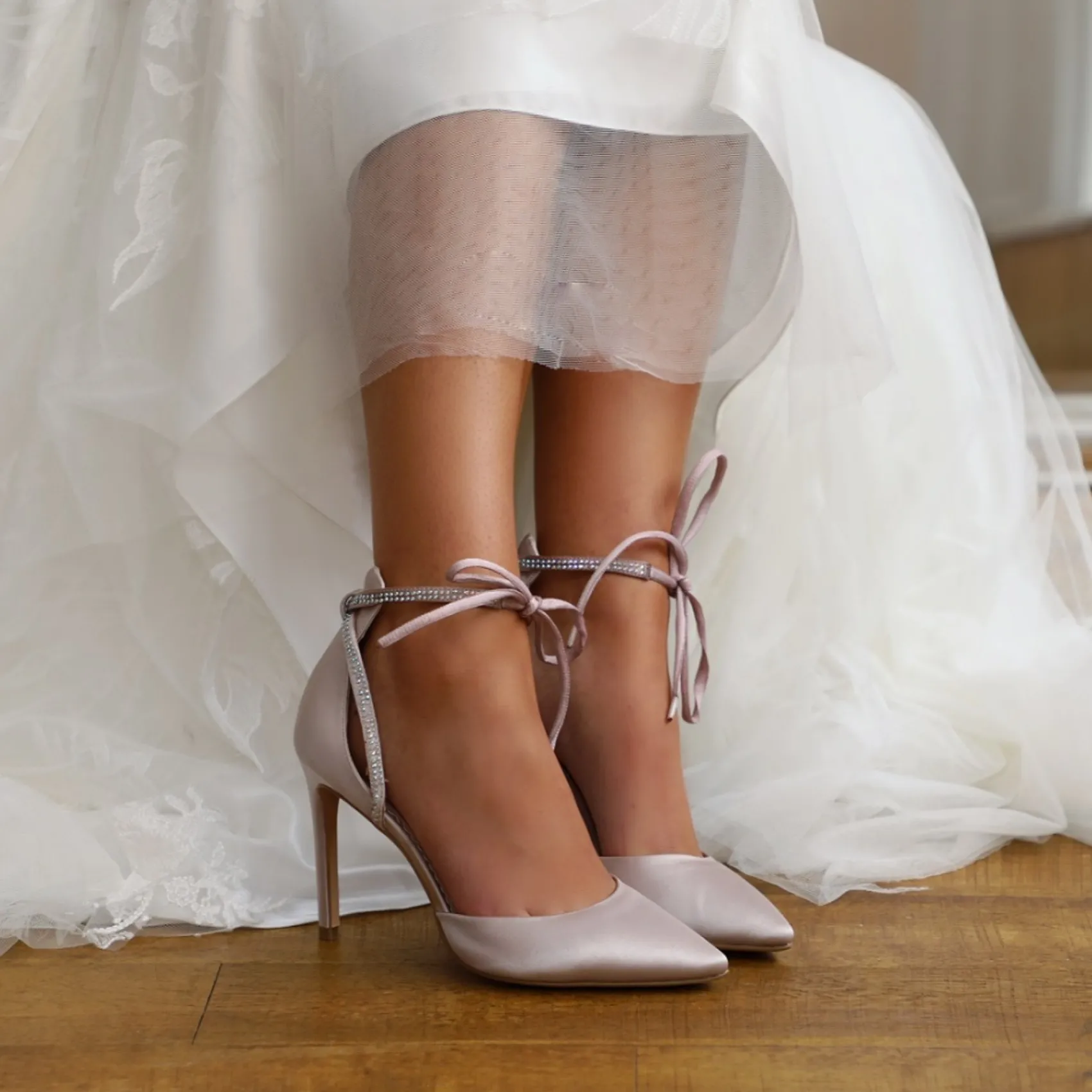 Perfect Bridal Party Shoes | Wedding Guest Shoes*Kimi Satin Tie Up Court Shoes with Diamante Detail Taupe