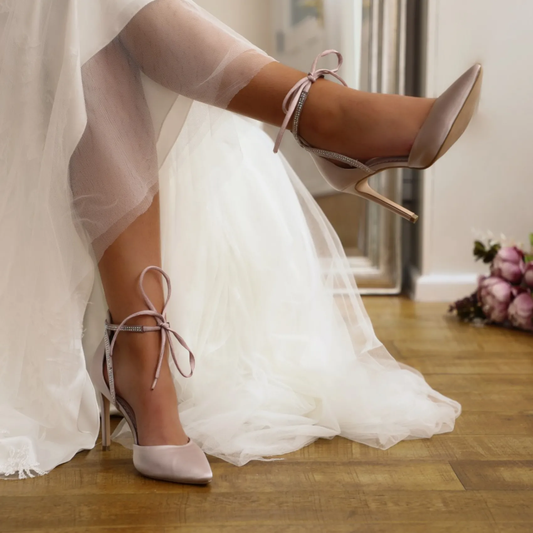 Perfect Bridal Party Shoes | Wedding Guest Shoes*Kimi Satin Tie Up Court Shoes with Diamante Detail Taupe