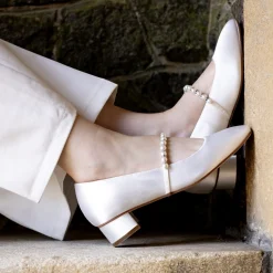 Perfect Bridal Wedding Shoes | Low Heel*Kinsley Satin Low Block Heels with Pearl Strap Ivory