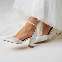 Perfect Bridal Wedding Shoes | Mid Heel*Liberty Satin Block Heel Ankle Strap Court Shoes Ivory