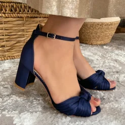 Perfect Bridal Wedding Guest Shoes | Mother Of The Bride Shoes*Lucinda Satin Knotted Block Heel Sandals Midnight