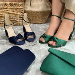 Perfect Bridal Wedding Guest Shoes | Mother Of The Bride Shoes*Lucinda Satin Knotted Block Heel Sandals Midnight
