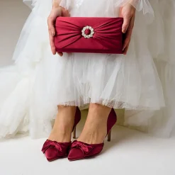 Perfect Bridal Party Shoes | Wedding Guest Shoes*Margo Satin Mid Heel Bow Court Shoes Berry