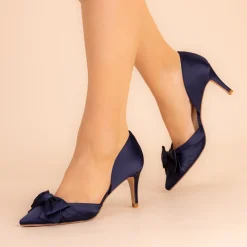 Perfect Bridal Party Shoes | Wedding Guest Shoes*Margo Satin Mid Heel Bow Court Shoes Midnight