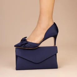 Perfect Bridal Party Shoes | Wedding Guest Shoes*Margo Satin Mid Heel Bow Court Shoes Midnight