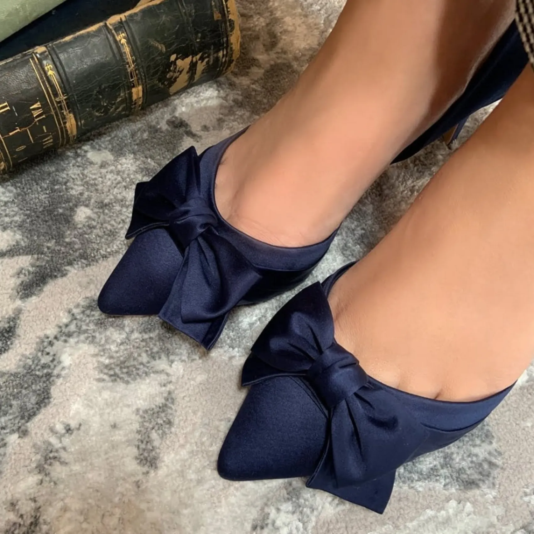 Perfect Bridal Party Shoes | Wedding Guest Shoes*Margo Satin Mid Heel Bow Court Shoes Midnight