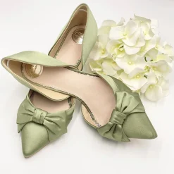 Perfect Bridal Party Shoes | Wedding Guest Shoes*Margo Satin Mid Heel Bow Court Shoes Olive Green