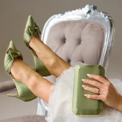 Perfect Bridal Party Shoes | Wedding Guest Shoes*Margo Satin Mid Heel Bow Court Shoes Olive Green