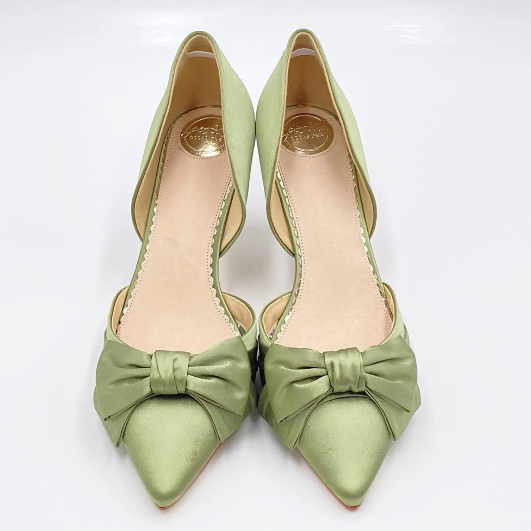 Perfect Bridal Party Shoes | Wedding Guest Shoes*Margo Satin Mid Heel Bow Court Shoes Olive Green