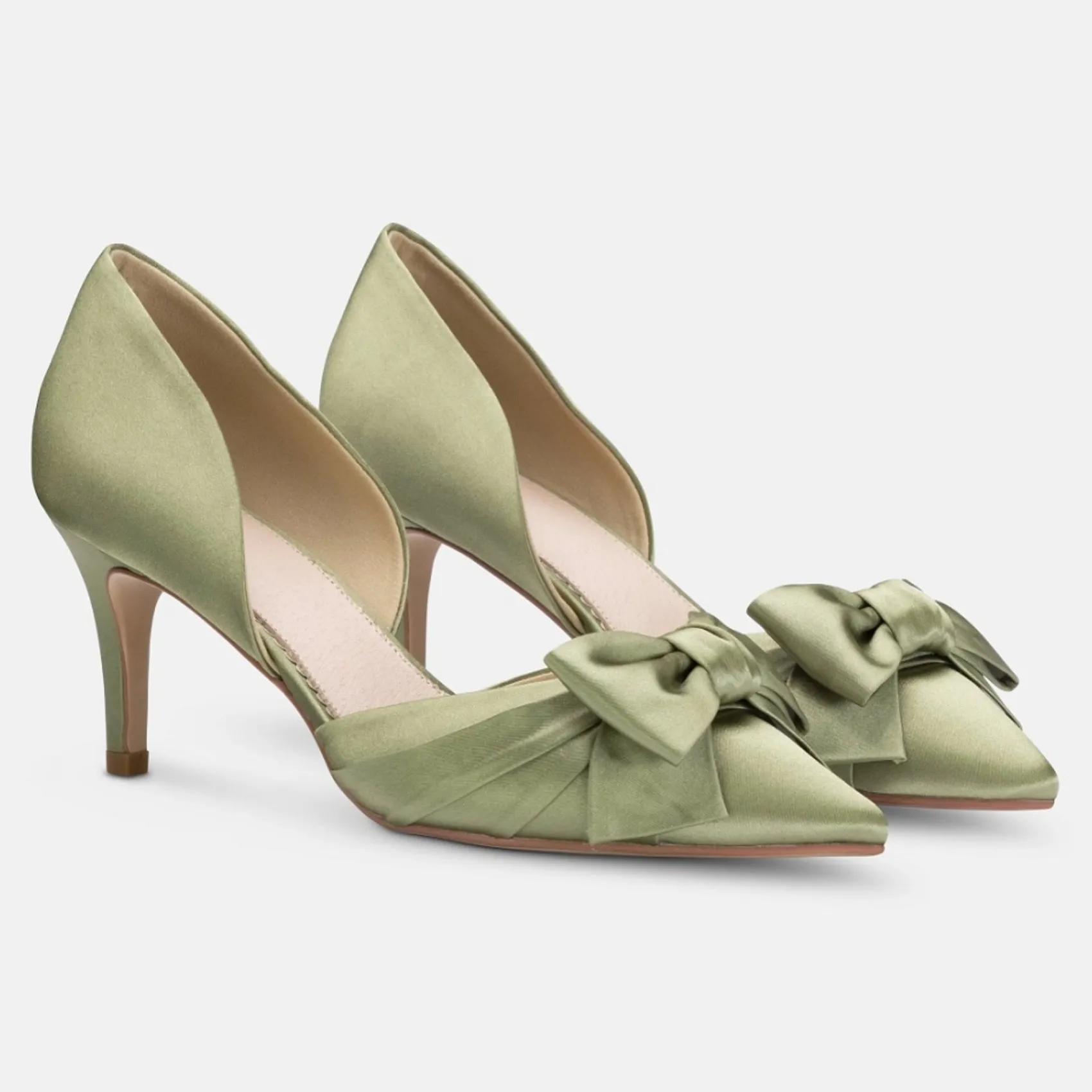 Perfect Bridal Party Shoes | Wedding Guest Shoes*Margo Satin Mid Heel Bow Court Shoes Olive Green