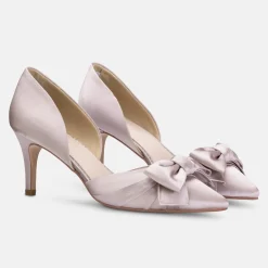 Perfect Bridal Party Shoes | Wedding Guest Shoes*Margo Satin Mid Heel Bow Court Shoes Taupe