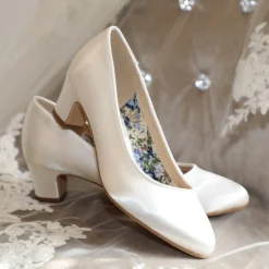 Perfect Bridal Wedding Shoes | Low Heel*Melanie Dyeable Satin Block Heel Court Shoes Ivory
