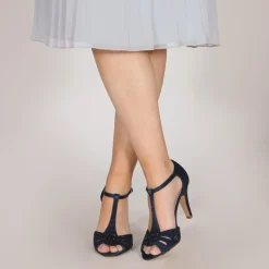 Perfect Bridal Party Shoes | Wedding Guest Shoes*Perla Crystal Embellished T-Bar Sandals Navy