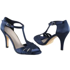 Perfect Bridal Party Shoes | Wedding Guest Shoes*Perla Crystal Embellished T-Bar Sandals Navy