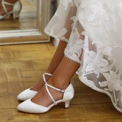 Perfect Bridal Wedding Shoes | Low Heel*Renate Satin Heel Courts with Straps (Wide Fit) Ivory