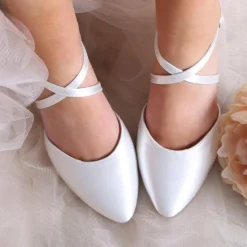 Perfect Bridal Wedding Shoes | Low Heel*Renate Satin Heel Courts with Crossover Straps Ivory