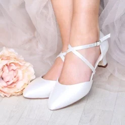 Perfect Bridal Wedding Shoes | Low Heel*Renate Satin Heel Courts with Straps (Wide Fit) Ivory