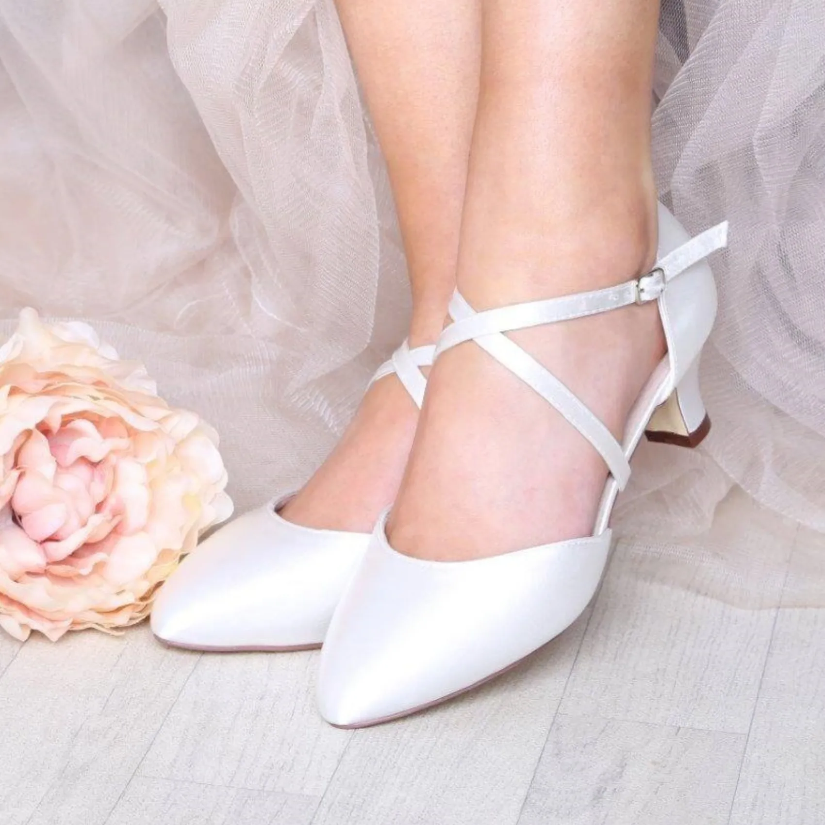 Perfect Bridal Wedding Shoes | Low Heel*Renate Satin Heel Courts with Crossover Straps Ivory