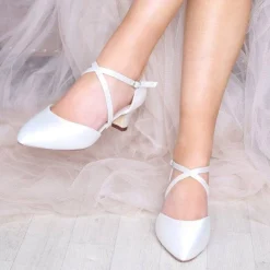 Perfect Bridal Wedding Shoes | Low Heel*Renate Satin Heel Courts with Straps (Wide Fit) Ivory