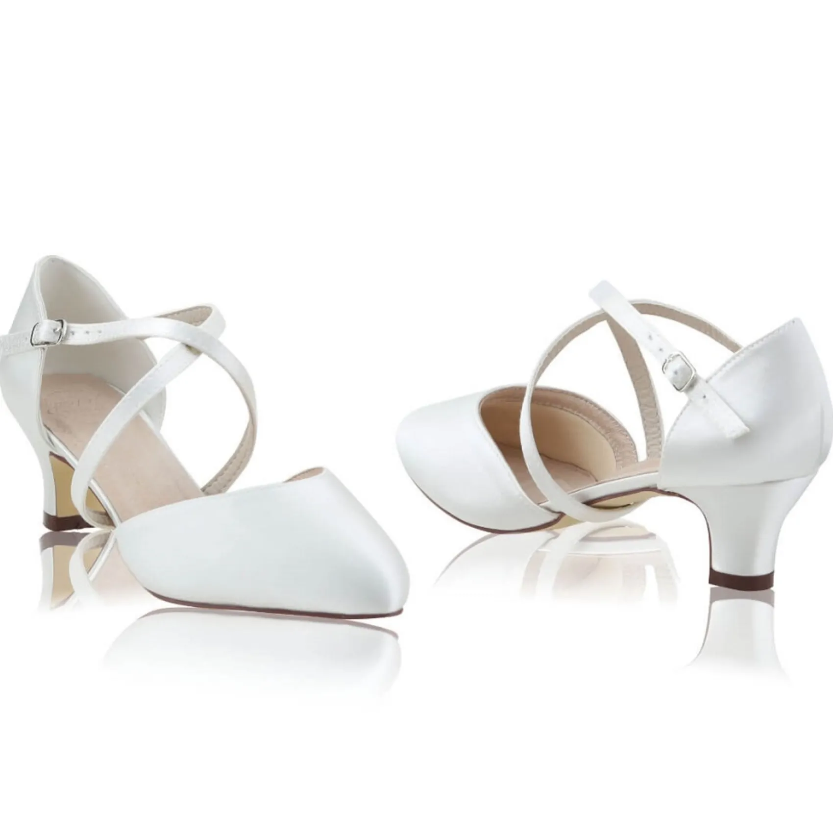 Perfect Bridal Wedding Shoes | Low Heel*Renate Satin Heel Courts with Crossover Straps Ivory