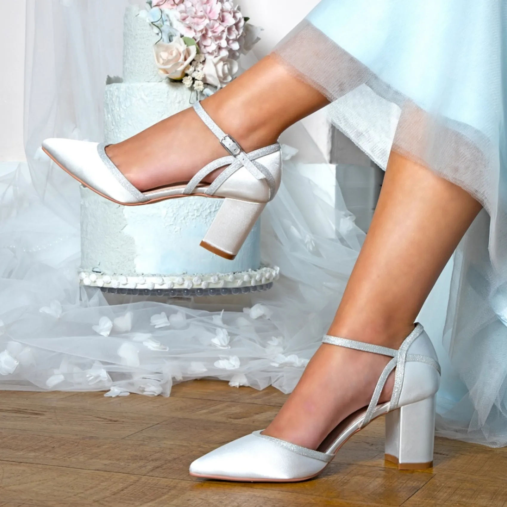 Perfect Bridal Wedding Shoes | Mid Heel*Robyn Ivory Satin and Silver Glitter Block Heels Ivory/ Silver