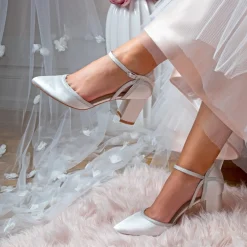 Perfect Bridal Wedding Shoes | Mid Heel*Robyn Ivory Satin and Silver Glitter Block Heels Ivory/ Silver