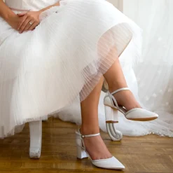 Perfect Bridal Wedding Shoes | Mid Heel*Robyn Ivory Satin and Silver Glitter Block Heels Ivory/ Silver