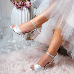 Perfect Bridal Wedding Shoes | Mid Heel*Sabrina Ivory Satin & Silver Glitter Block Heel Sandals Ivory/ Silver