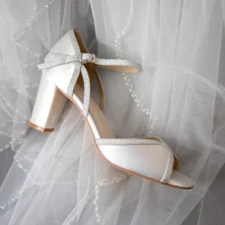 Perfect Bridal Wedding Shoes | Mid Heel*Sabrina Ivory Satin & Silver Glitter Block Heel Sandals Ivory/ Silver
