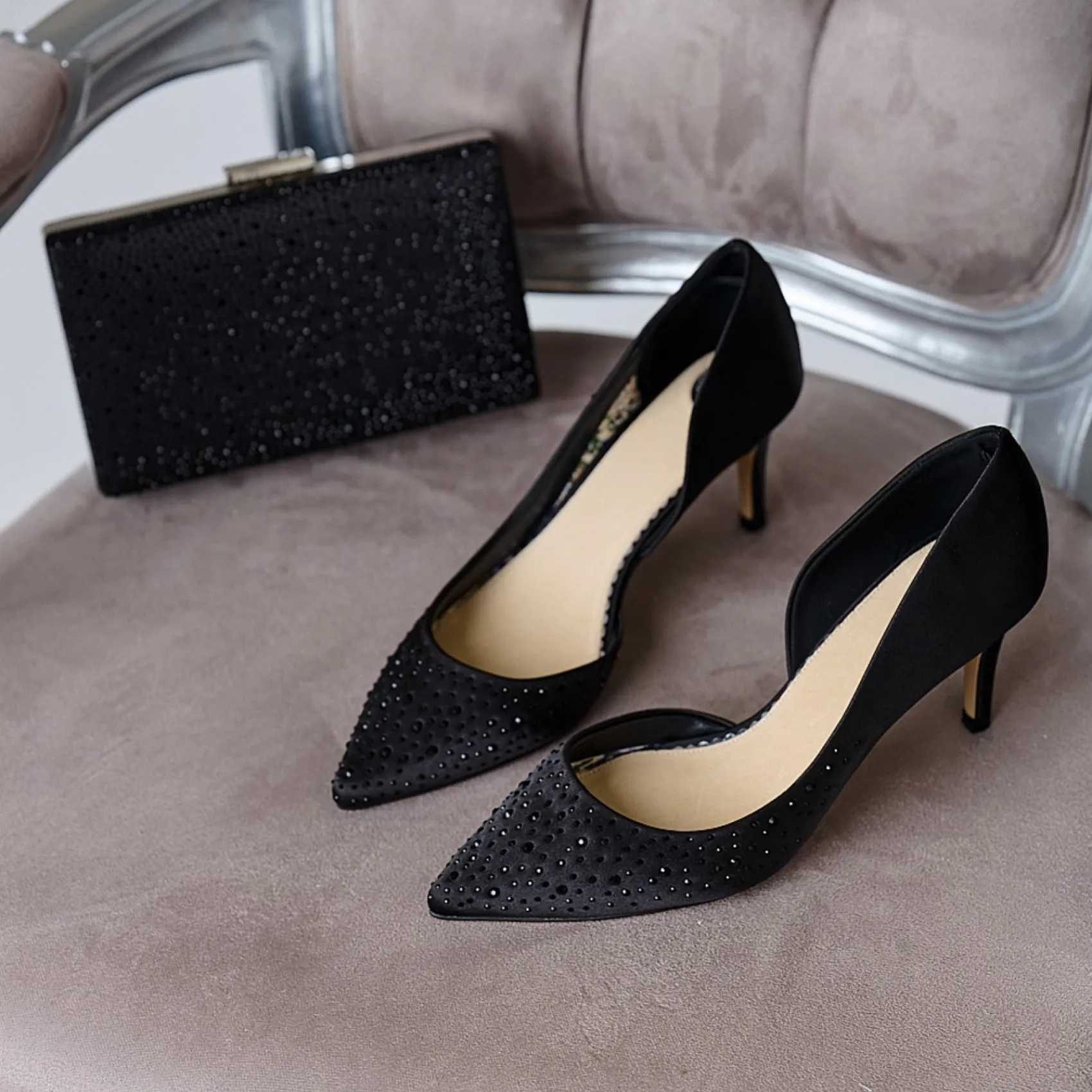 Perfect Bridal Party Shoes | Wedding Guest Shoes*Sienna Satin Crystal Open Waist Pointed Courts Black