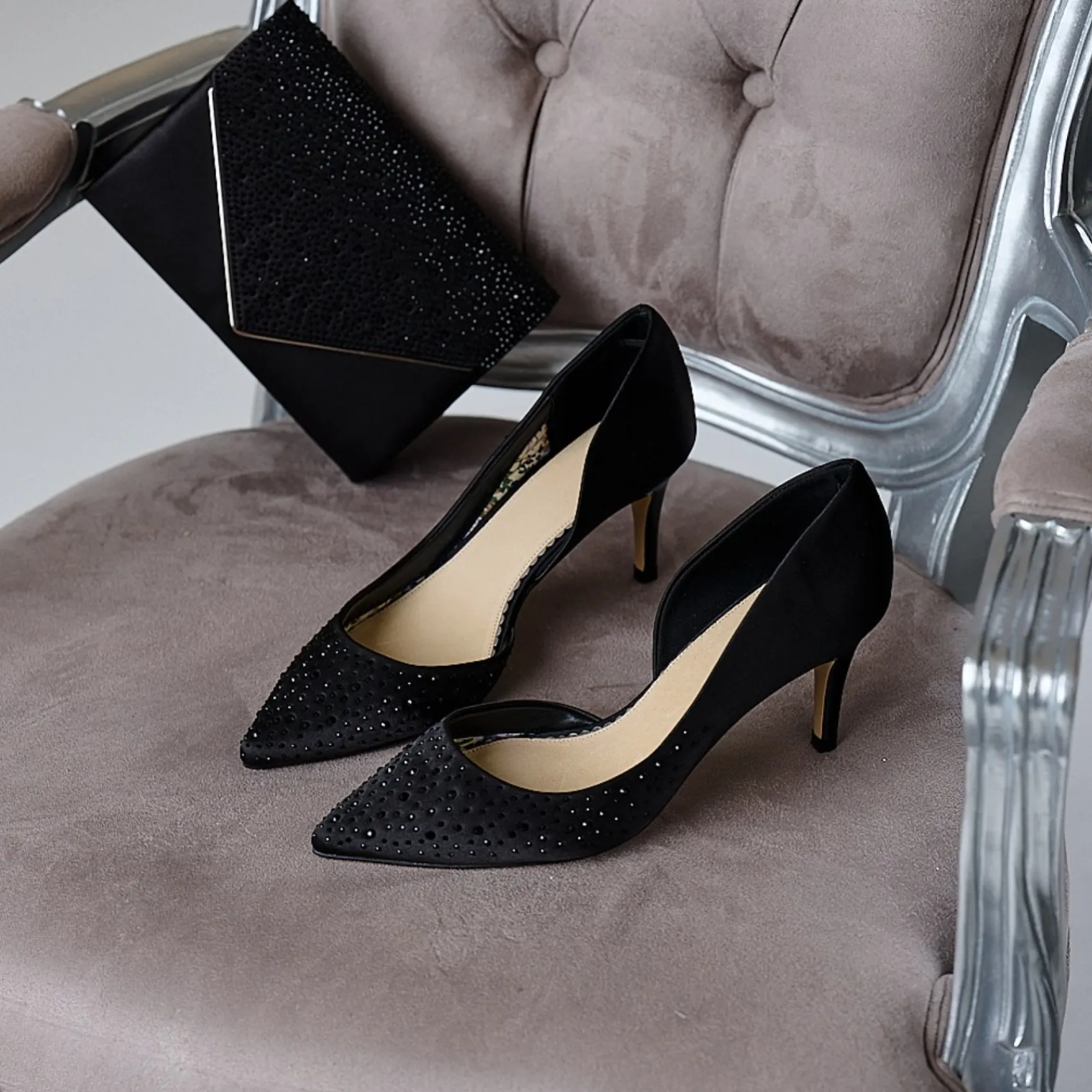 Perfect Bridal Party Shoes | Wedding Guest Shoes*Sienna Satin Crystal Open Waist Pointed Courts Black