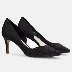 Perfect Bridal Party Shoes | Wedding Guest Shoes*Sienna Satin Crystal Open Waist Pointed Courts Black