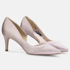 Perfect Bridal Party Shoes | Wedding Guest Shoes*Sienna Satin Crystal Open Waist Pointed Courts Taupe